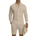Details of men's casual linen long sleeve shirt and cargo shorts set in beige for summer. - S / Top And Bottom / 1 Set / Khaki