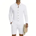 Detail shot of men casual white linen long sleeve shirt and cargo shorts summer outfit buttons. - S / Top And Bottom / 1 Set / White