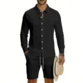 Men long sleeve shirt cargo shorts set summer casual resort linen outfit black - S / Top And Bottom / 1 Set / Black