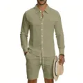 Men's summer casual linen long sleeve shirt and cargo shorts set for vacation and daily wear. - Army Green