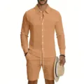 Men casual linen long sleeve shirt cargo shorts set for summer vacation holiday streetwear. - Earthy Yellow