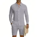 Men's summer casual linen long sleeve shirt and cargo shorts set in light grey for vacation. - S / Top And Bottom / 1 Set / Dark Gray