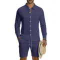Men long sleeve linen shirt cargo shorts set casual summer beach vacation two piece outfit - Navy Blue