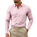 Camisa de manga larga elástica para hombre, parte superior de negocios casual con bolsillo. - Rosa