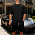 Men's black knitted short sleeve t-shirt and shorts set, casual oversized streetwear look. - S / Top & Bottom Set / Black