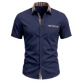Men's casual short sleeve collared shirt with contrast plaid design for summer business - S / Navy Blue