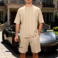 Detailed view of men knit jacquard short sleeve t-shirt and shorts set, casual oversized fit. - S / Top & Bottom Set / Khaki