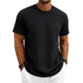 Détail de t-shirt à manches courtes en tricot texturé montrant le tissu et la coupe. - S / Hauts / Noir