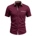Men's short sleeve button down dress shirt with contrast plaid collar and pocket trim casual regular fit. - S / Burgundy