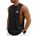 Men's black sleeveless fitness tank top, breathable athletic gym shirt with front graphic. - Black
