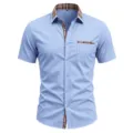 Men's short sleeve casual dress shirt with contrast plaid collar regular fit button down - Light Blue