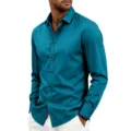 Men's Long Sleeve Button Down Shirt Slim Fit Casual Business Lapel Teal Shirt Top - Dark Green