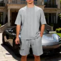 Men Grey Casual Knit Jacquard Short Sleeve Shorts Set Loose Streetwear Summer Outfit - Light Gray
