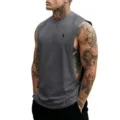 Men's deep grey sleeveless gym tank top, loose fit bodybuilding workout vest with small chest print. - S / Tops / Dark Gray