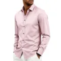 Primer plano detalle de camisa rosa de hombre de manga larga cuello y punos ajuste. - S / Tops / Rosa
