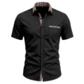 Men's short-sleeve casual shirt with plaid contrast collar and pocket for summer. - S / Black