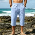 Men's casual cropped shorts summer beach drawstring elastic waist pleated hem light blue - S / Light Blue