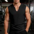 Men's fitness training V-neck tank top detail view showcasing lightweight breathable activewear fabric. - S / Tops / Black