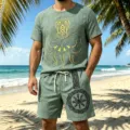 Men's summer vintage linen short sleeve and shorts set with tribal Viking print. - Grey Green