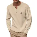 Men's waffle knit long sleeve henley shirt casual slim fit button down top for spring autumn - S / Tops / Khaki