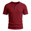 Men's summer short sleeve ribbed Henley t-shirt in wine red casual slim fit basic top. - Burgundy