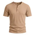 Men's ribbed short sleeve Henley shirt detail, casual khaki knit top with three buttons. - Khaki