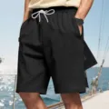 Herren Freizeit Sport Shorts Sommer einfarbig Strandshorts mit weissem Kordelzug - S / Unterteile / Schwarz