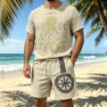 Herren Leinenmischung Kurzarm Hemd und Shorts Set Sommer Vintage Viking Oktopus Druck Freizeit Strand Outfit - M / Oberteil und Unterteil / Aprikose