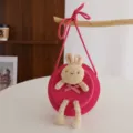 Borsa a tracolla in paglia per bambini con coniglietto peluche, elegante borsa rotonda rosa per ragazze. - Rosso rosa
