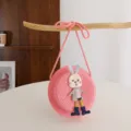 Children pink straw crossbody bag with cute rabbit plush detail, ideal for summer beach outfit. - Hot Pink