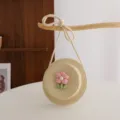Borsa a tracolla in paglia per bambini, graziosa mini borsa rotonda intrecciata fiore rosa. - Taglia unica / Beige