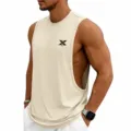 Men's loose sleeveless gym tank top casual fitness training sports vest with print logo - Apricot
