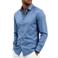 Men's Long Sleeve Casual Business Shirt in Blue, Slim Fit Lapel Button Down Variant. - Denim Blue