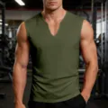 Men's green V-neck sleeveless gym tank top, breathable athletic workout fitness vest for men. - Army Green