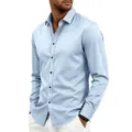 Men casual light blue long sleeve shirt business lapel button down apparel fashion item style. - Sky Blue