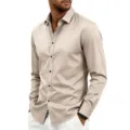 Classic men's long-sleeve casual dress shirt in khaki with turn-down collar and black buttons. - Apricot
