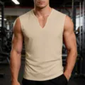 Men fitness sports vest detail view, breathable quick dry fabric V neck design casual activewear. - Khaki