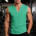 Men green v-neck sleeveless sport tank top casual fitness training gym vest fitness clothing - Green