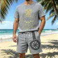 Men's linen casual set short sleeve shirt and shorts with Viking graphic print details. - Dark Gray