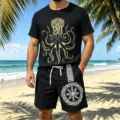 Herren Sommer Vintage Viking Oktopus Print Leinen Kurzarm T-Shirt und Shorts Set Strandbekleidung - S / Oberteil und Unterteil / Schwarz