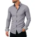 Men's grey long sleeve contrast dress shirt with double buttons and geometric cuffs. - Dark Gray