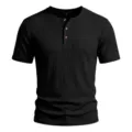 Men's summer ribbed 3-button Henley short sleeve T-shirt casual solid color basic top tee - S / Black
