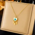 Gold heart evil eye necklace with feather charms titanium steel clavicle chain jewelry - Heart Evil Eye Tassel Style(N2122)
