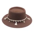 Damen Sommer braune Strohhut Flachteller Hut mit Muschel Quaste Dekoration Band am Strand - M (56-58cm) / Kaffeebraun