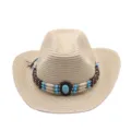 Gros plan sur le bandeau de chapeau en perles boheme, pierres turquoise et paille. - M (56-58cm) / Beige