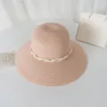 Chapeau de paille à ruban de perles, élégant chapeau de soleil de plage pour femmes. - M (56-58cm) / Rose racine de lotus