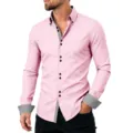 Primo piano dettaglio camicia uomo rosa con collo e polsini geometrici a contrasto eleganti. - Taglia S / Top / Rosa
