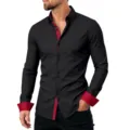 Camicia da uomo nera a maniche lunghe con dettagli rossi a contrasto su colletto. - Taglia S / Top / Nero