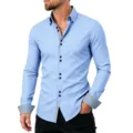 Men's Light Blue Long Sleeve Dress Shirt Contrast Collar Cuffs Slim Fit Casual Business - Light Blue