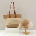 Ensemble sac cabas et chapeau de paille tressé, grand sac plage rayé épaule pour femmes - Sac Seul / Kaki